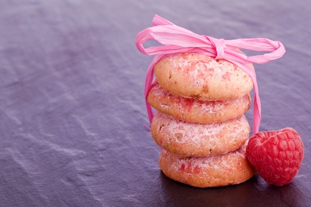 sweet healthy raspberry cookies with ribbonの写真素材