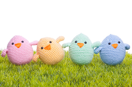 handmade easter chick with green grasの写真素材