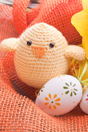 Easter decoration with ribbon,  Easter eggs and Chickの写真素材
