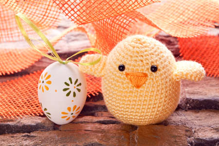 Easter decoration with ribbon,  Easter eggs and Chickの写真素材