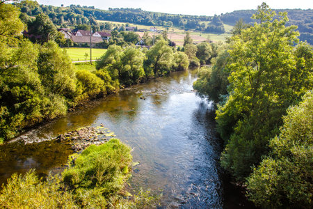 The River Jagst in Hohenlohe, Baden-WÃ¼rttemberg, Germanyの写真素材