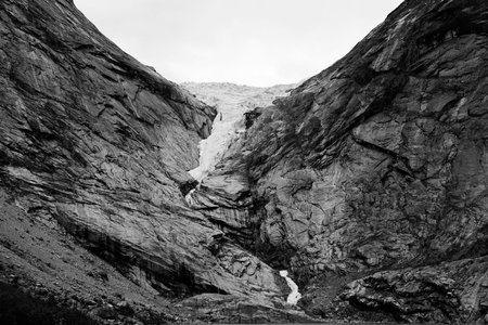 Hiking in the area of the Glacier Briksdal, Briksdalsbreen, in Norway, Scandinavia, Europe