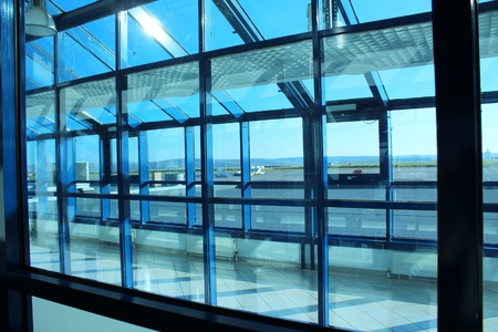 Blue window frame in airportのeditorial素材