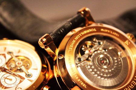 Two golden luxury chronometersの写真素材