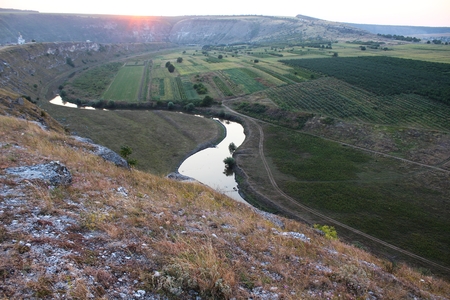 Panoramic view to Orheiul Vechi valley at sunsetの写真素材