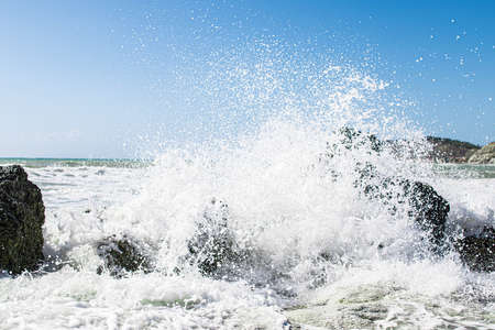 Coast of Sicily Italy with large rocks and big wavesの写真素材