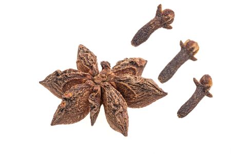 Anise star with three clove on white backgroundの写真素材