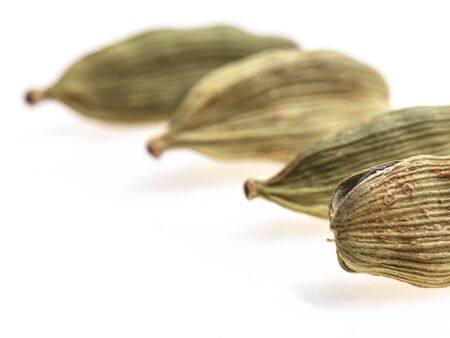 Closeup of four ?ardamom seeds on white backgroundの写真素材