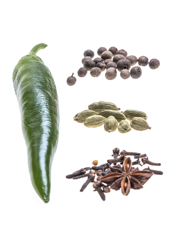 Composition of chilli peper, anise, cardamom and allspice on white backgroundの写真素材