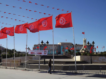 Place du Gouvernement, Tunis. There are national flags in the whole City to celebrate the 4th anniversary of the Revolution.のeditorial素材