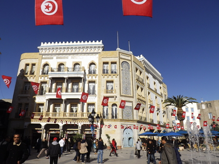 Tunis Medina. The busy Place de la Victoire on the rim of the Medina.のeditorial素材
