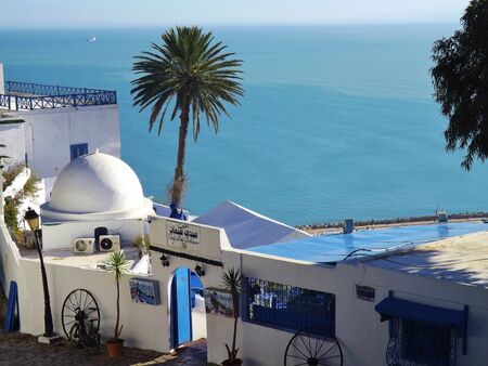 Sidi Bou Said, near Tunis. Coffee shop with beautiful view on the sea. Taken in January 2015thのeditorial素材