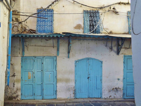 Tunis, Tunisia. Typical blue doors and windows in the Medina.