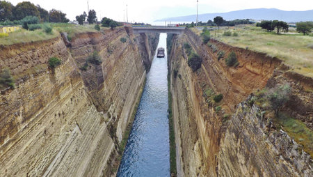 A ship on the Corinth Canal in the Peloponnese, Greece, Europe.の写真素材