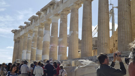 ATHENS, GREECE - MAY 1, 2014. Part of the Parthenon of the Acropolis in Athens, Greece. Many visitors admire the temple.のeditorial素材