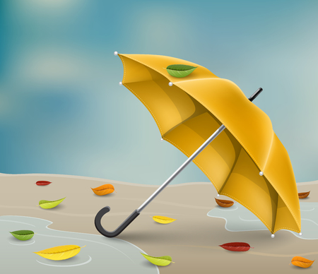 Realistic yellow umbrella on ground in water puddle, with fallen leaf and rainy sky background.のイラスト素材