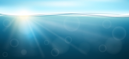 Horizontal underwater background for sea or ocean, with ray of sun and waves.のイラスト素材