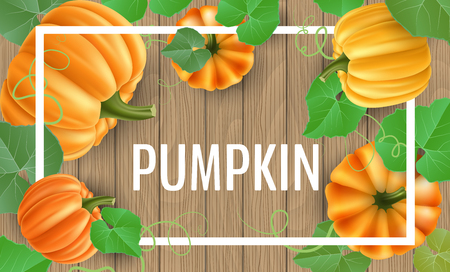 Autumn frame with pumpkin and leaf on brown wood textureのイラスト素材