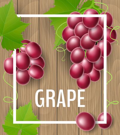 Grape frame on brown wood texture with green leaf and tendrilのイラスト素材