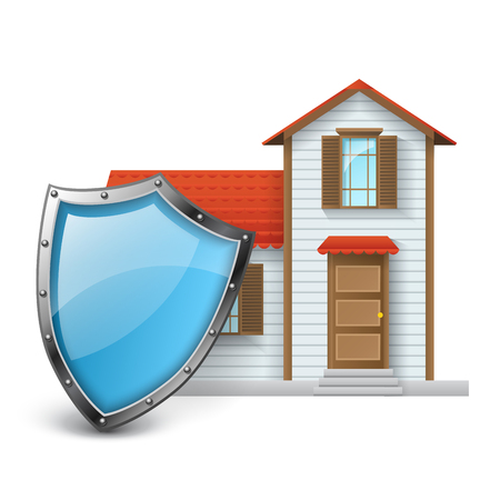 White house with red roof protected with blue metallic shield. Realistic vector illustration for home protection and security, isolated on whiteのイラスト素材