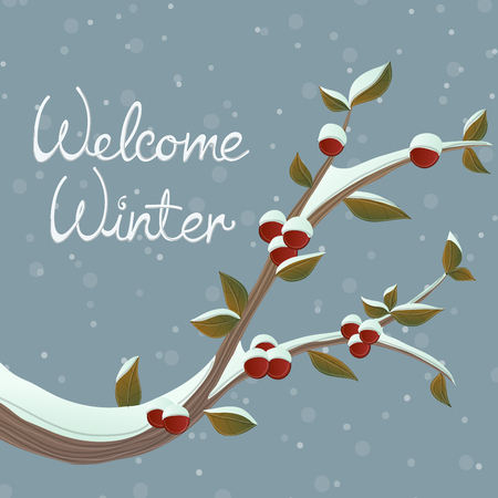 Snowy winter branch illustration with berry and leaf, in snowfall. Vector illustration for December and holiday in drawing style.のイラスト素材
