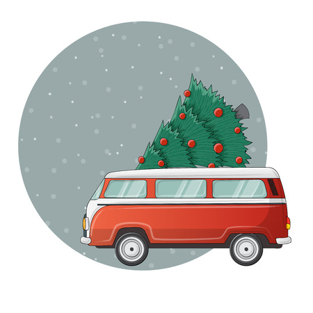 Red camper car illustration with Christmas pine tree on top, in snowfall. Cute illustration for Christmas  and December holiday season, in circle.のイラスト素材