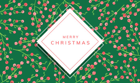 Christmas horizontal banner with square paper frame, and red berry pattern in background. Frame for winter, Christmas or other nature or holiday related event or designのイラスト素材