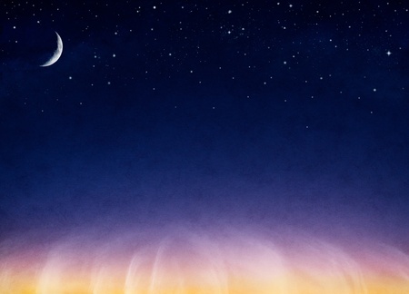 Wispy, wind-blown clouds at sunset with a cescent moon and stars.  Image has a pleasing paper grain and texture at 100%.の写真素材