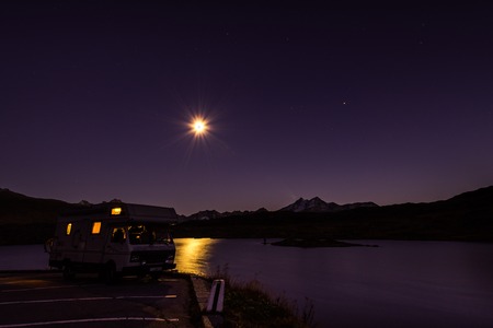 Mobile homes at a starry night in the swiss alpsのeditorial素材