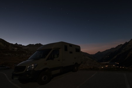 Mobile homes at a starry night in the swiss alpsのeditorial素材