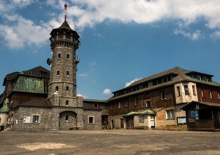 April 2018, KLINOVEC, CZECH REPUBLIC, TV tower and building at the top of Klinovec in the Ore Mountainsのeditorial素材