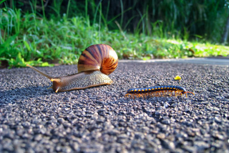 Snail and centipede on the road. Snail crawling on the road.