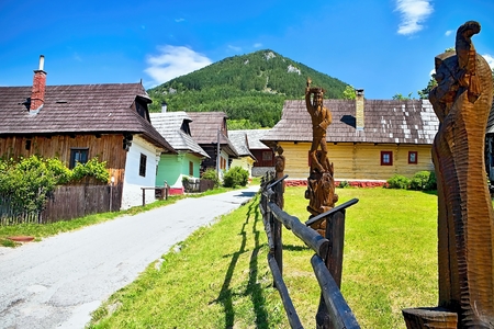 Wooden huts in beautiful Vlkolinec traditional village in Slovakia. Folks architecture typical of the Central European type.のeditorial素材