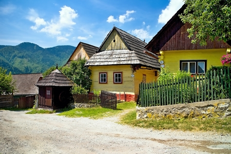 Wooden huts in beautiful Vlkolinec traditional village in Slovakia. Folks architecture typical of the Central European type.のeditorial素材