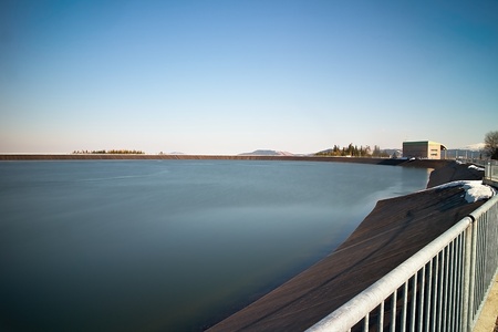 Water level of unique project of hydro power plant Cierny Vah in Slovakia. Electricity production in...