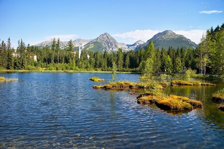 The small islands in the centre of the New Strbske lake in High Tatras to Slovakia. Beautiful...