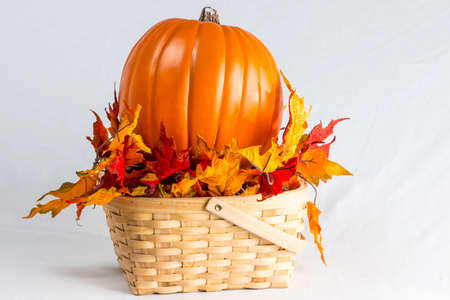 Fall colored leaves and a pumpkin sitting in a wooden basket.の写真素材