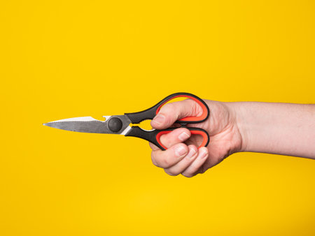 A hand holds a scissor. No face, yellow background.の写真素材
