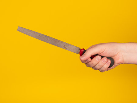 A hand holds a metal file. No face, yellow background.の写真素材