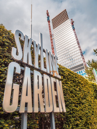 Frankfurt, Hessen Germany â€“ May 15, 2021: A sign made of metal letters shows the word Skyline...