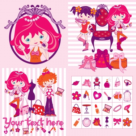 pink cartoon girls, makeup and jewelry, illustrationのイラスト素材