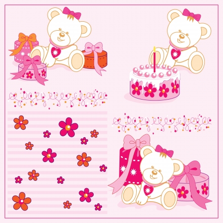 white girl teddy bear, with cake, gifts, illustrationsのイラスト素材