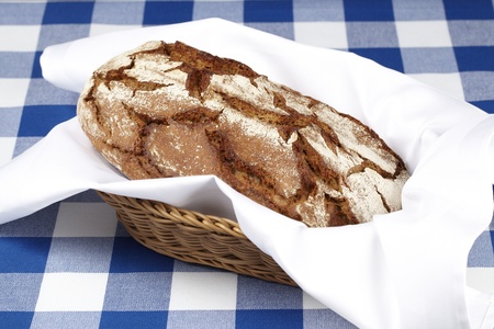 Basket of bread on checked tablecloth