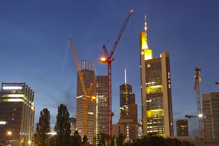 Towers of the biggest bank companies at Frankfurt   Main  Germany  taken on May 2014, 05 in the evening  blue hour  のeditorial素材