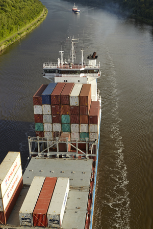 The container vessel Elisabeth on the Kiel Canal near Beldorf (Schleswig-Holstein, Germany) taken in...