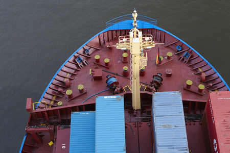The container vessel Wybelsum at the Kiel Canal near Beldorf (Germany, Schleswig-Holstein) taken on June 15, 2014.のeditorial素材