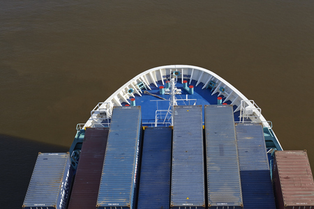 The container vessel Page Akia at the Kiel Canal near Beldorf (Germany, Schleswig-Holstein) taken on...