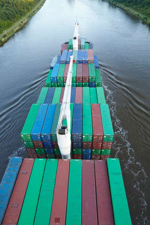 The container vessel Sainty Vogue at the Kiel Canal near Beldorf (Germany, Schleswig-Holstein) taken...