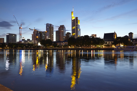 Towers of the biggest bank companies at Frankfurt / Main (Germany) taken in the evening (blue hour) on June 13, 2014.のeditorial素材