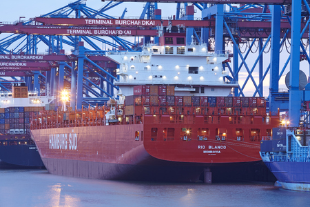 The container vessel Rio Blanco (Hamburg Sued) is loaded / unloaded the terminal Burchardkai in the...